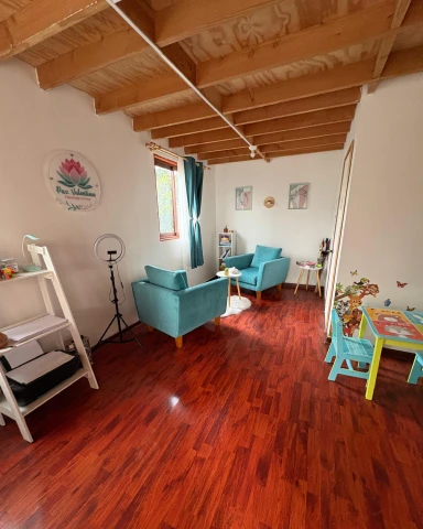 Vista general de un consultorio de psicología infantil y familiar con paredes blancas, techo de madera expuesta y piso de madera oscura. Hay dos sillones de color verde azulado, una mesa auxiliar, una estantería con libros y juguetes, y una mesa pequeña con sillas de colores para niños, decorada con calcomanías de animales en la pared.