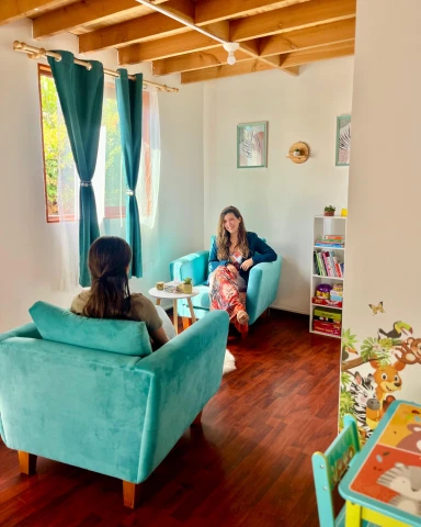 Dos mujeres sentadas en sillones de color verde azulado, conversando en un consultorio. Una de ellas es la terapeuta y la otra parece ser la paciente. Al fondo se ve una estantería con libros y decoraciones infantiles en la pared.